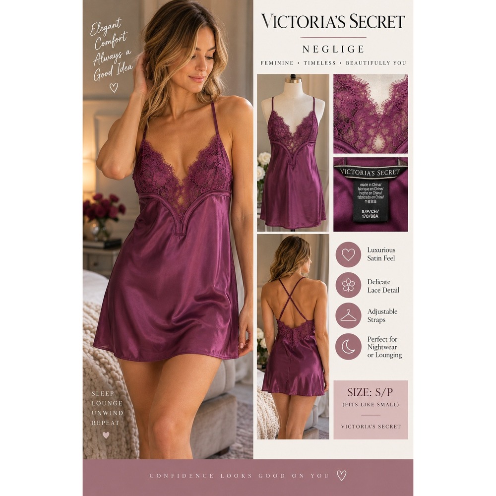 Victoria's Secret Purple Satin Lace Trim Negligee Slip Dress Small